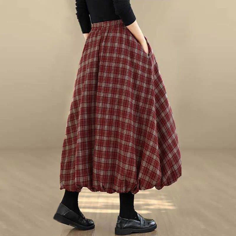 Buddha Stones Women's Plaid Pattern Cotton Skirt With Pockets