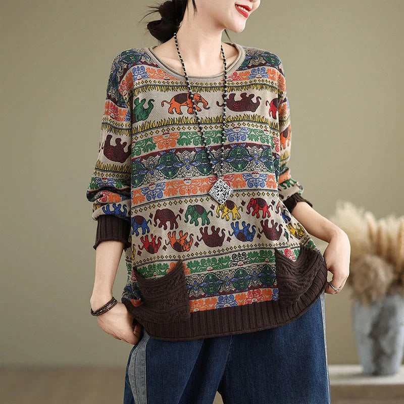 Buddha Stones Fall Elephant Pattern Knitted Cotton Women's Long Sleeve Sweater With Pockets