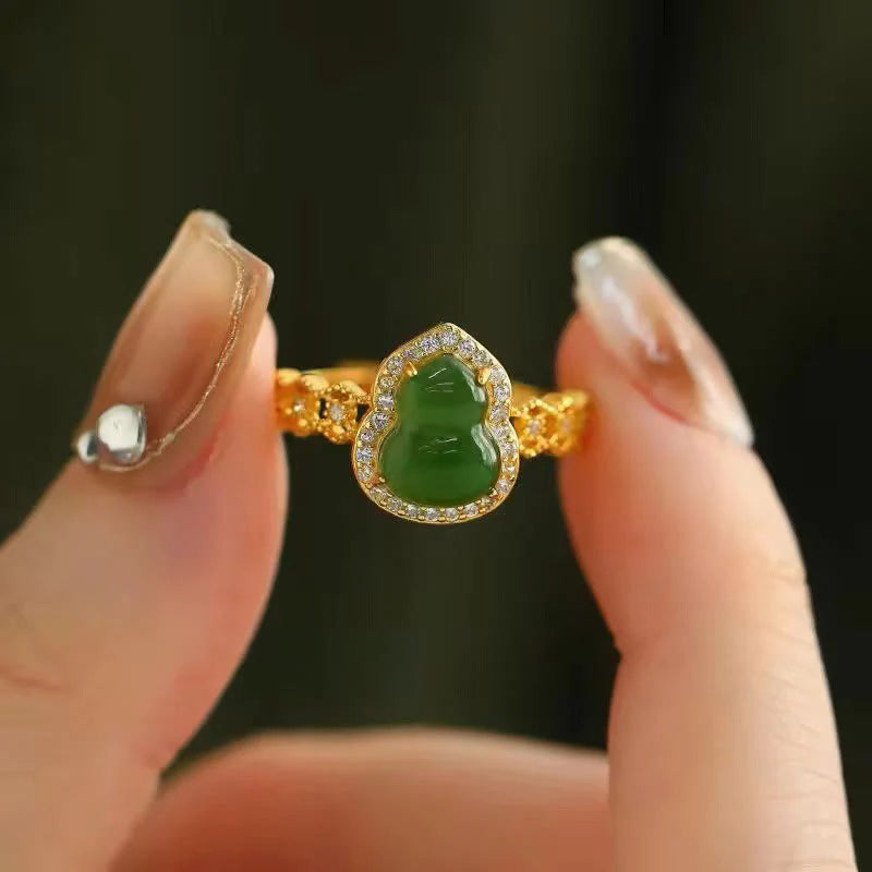 Buddha Stones Vintage Gourd Green Chalcedony Copper Plated Gold Adjustable Wealth Ring