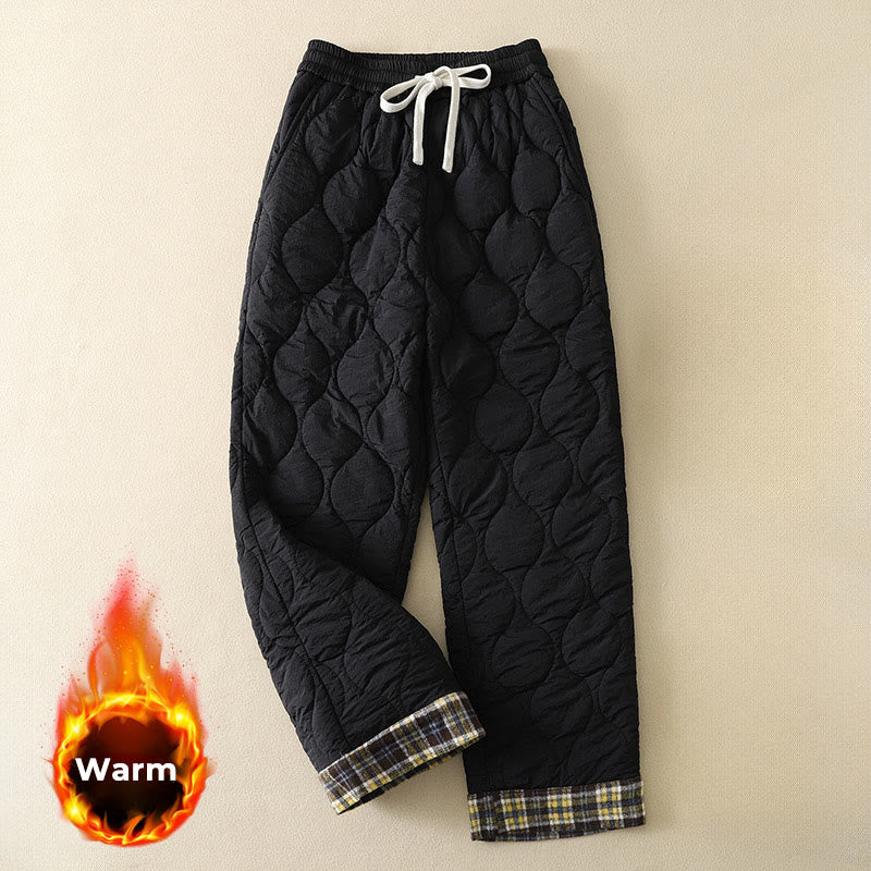 Buddha Stones Winter Curved Lines Elastic Waist Drawstring Patchwork Plaid Cotton Thermal Women's Pants With Pockets