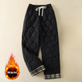 Buddha Stones Winter Curved Lines Elastic Waist Drawstring Patchwork Plaid Cotton Thermal Women's Pants With Pockets