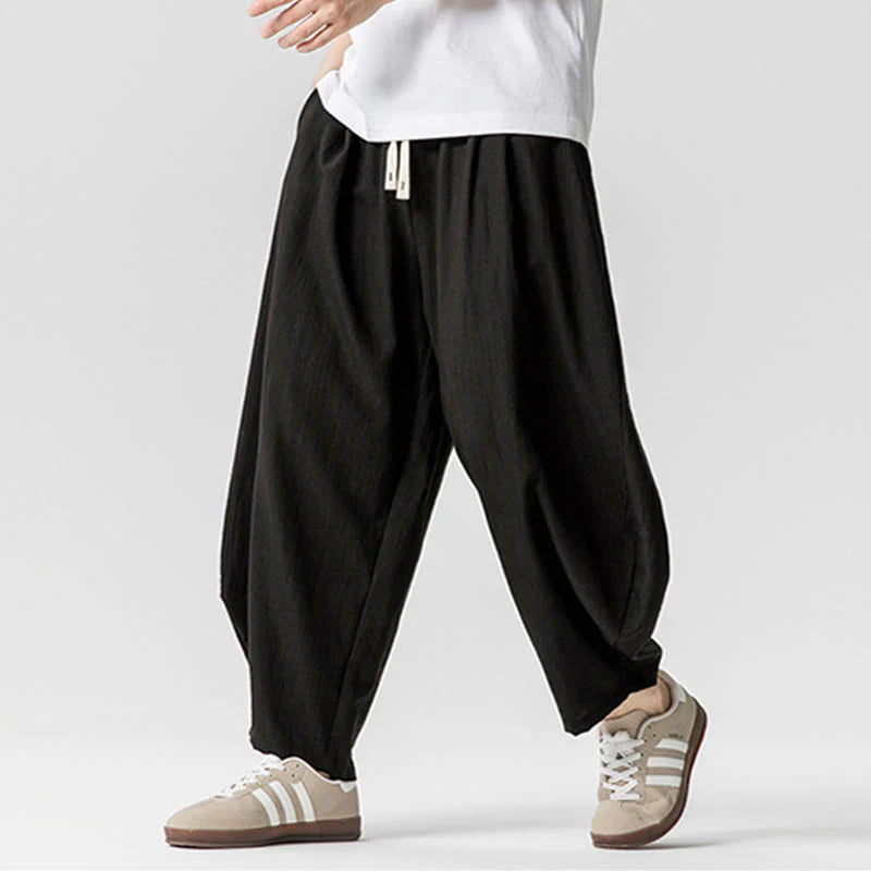 Buddha Stones Summer Pure Color Drawstring Men's Cotton Ankle-Length Pants With Pockets