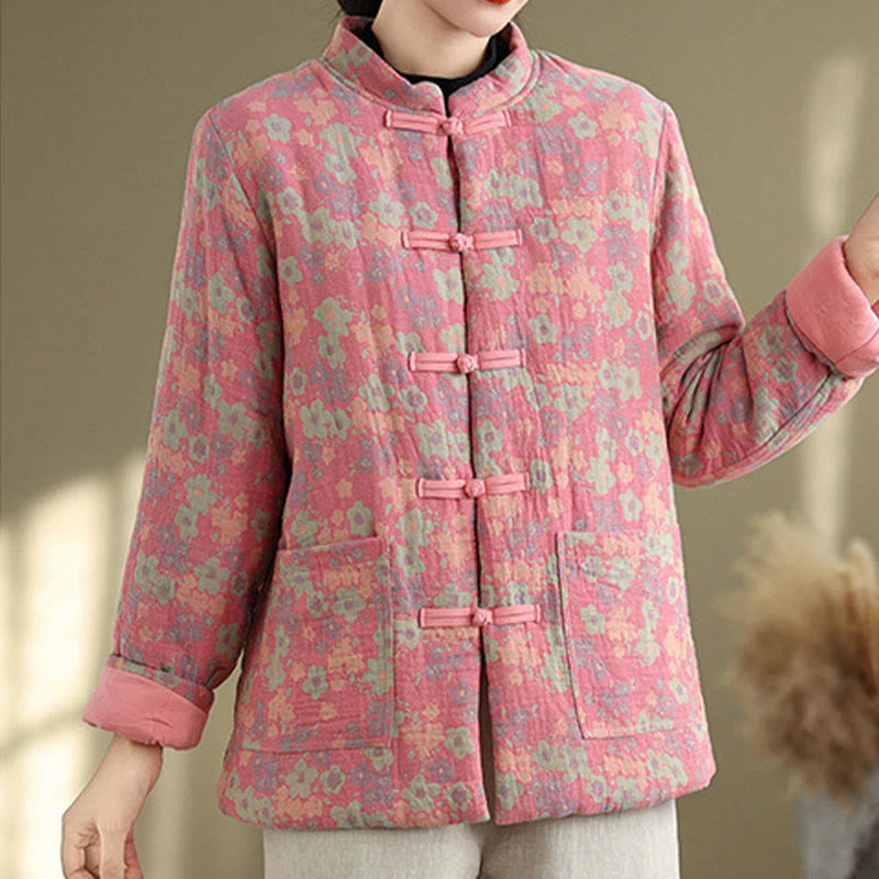 Buddha Stones Women's Winter Thicken Cotton Floral Pattern Long Sleeve Jacket With Pockets