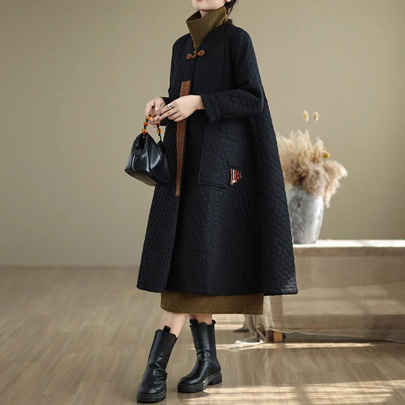 Buddha Stones Diamond Pattern Mid-length Women's Cotton Coat With Pockets