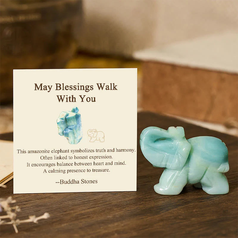 Buddha Stones ''May Blessings Walk With You'' Natural Small Elephant Amazonite Amethyst Jade Black Obsidian Stone Decoration Includes Gift Message Card