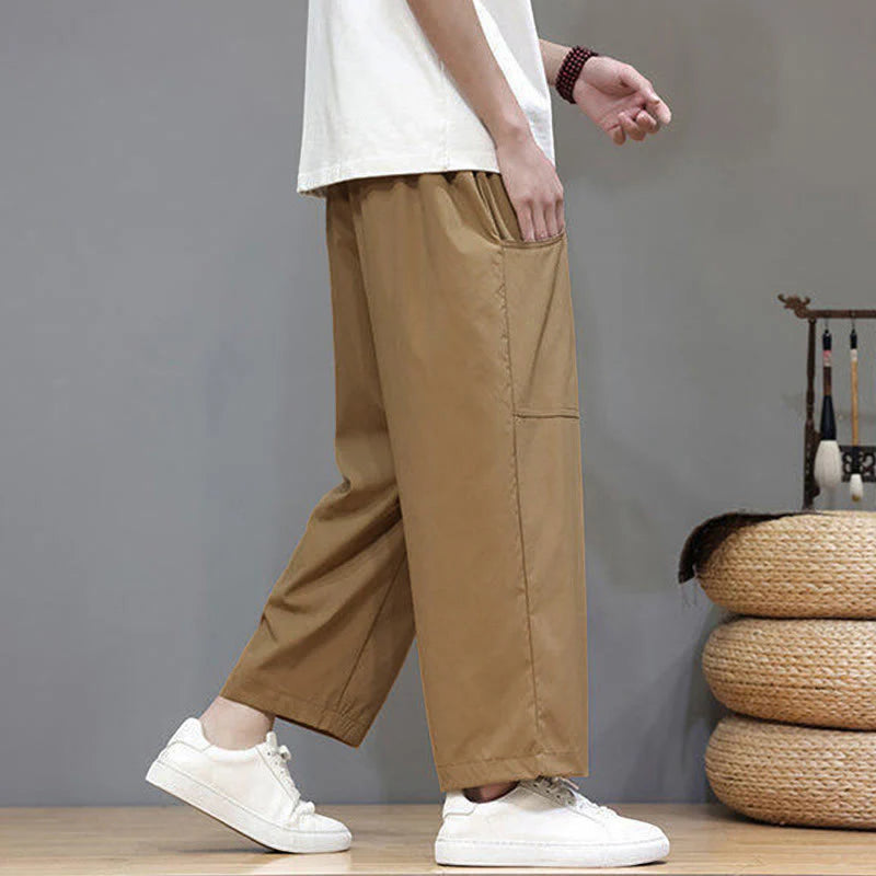 Buddha Stones Summer Solid Color Drawstring Straight Leg 7-8 Length Men's Pants With Pockets