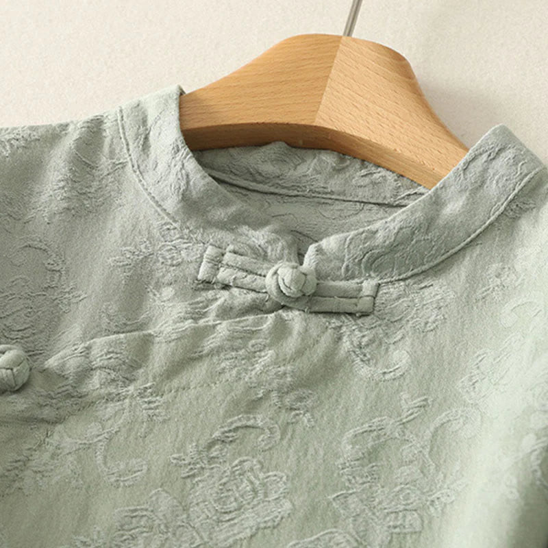 Buddha Stones Spring Plain Jacquard Design Women's Cotton Zen Long Sleeve Shirt