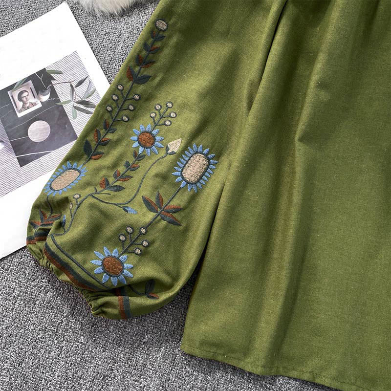 Buddha Stones Casual Embroidery Flower Leaf Pattern Women's Cotton Linen Round Neck T-shirt