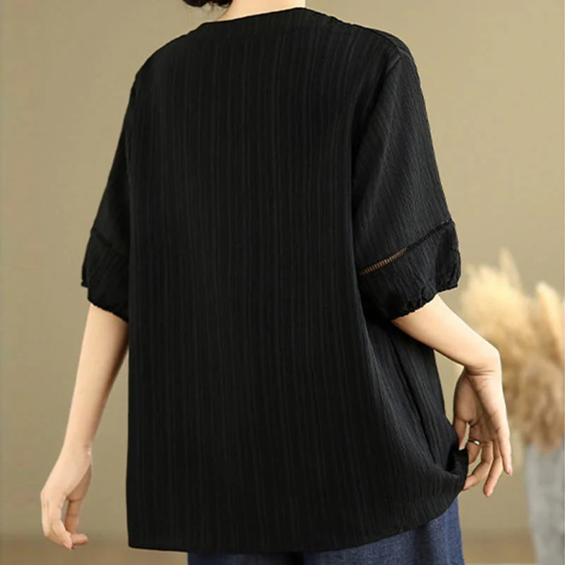 Buddha Stones Casual Plain Button V-Neck Women's Polyester Short Sleeve Shirt