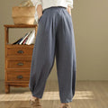 Buddha Stones Casual Solid Color Tapered Elastic Waistband Cotton Linen Women's Pants With Pockets
