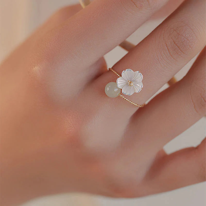 Buddha Stones 14k Gold Plated Round Hetian Jade Tridacna Stone Peach Blossom Flower Butterfly Prosperity Adjustable Ring (Extra 35% Off | USE CODE: FS35)