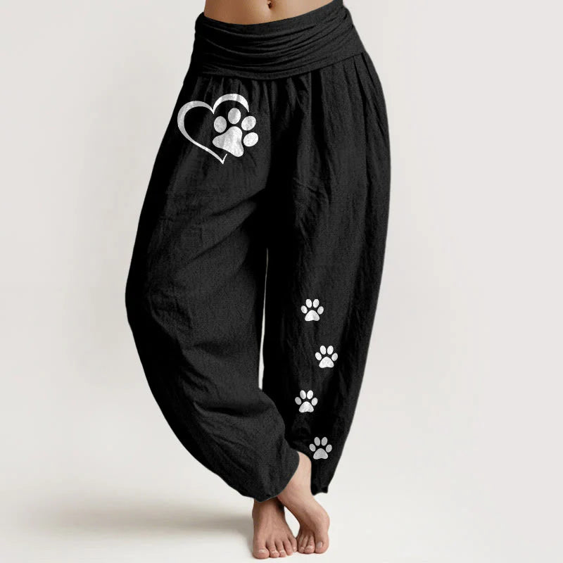 Buddha Stones Pure Cotton Concise Cat Paw Prints Heart-Shaped Pattern Women's Elastic Waist Harem Pants