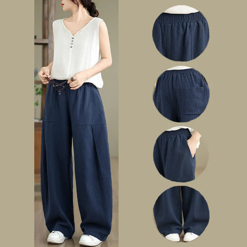 Buddha Stones Solid Color Cotton Linen Women's Straight Leg Pants With Pockets