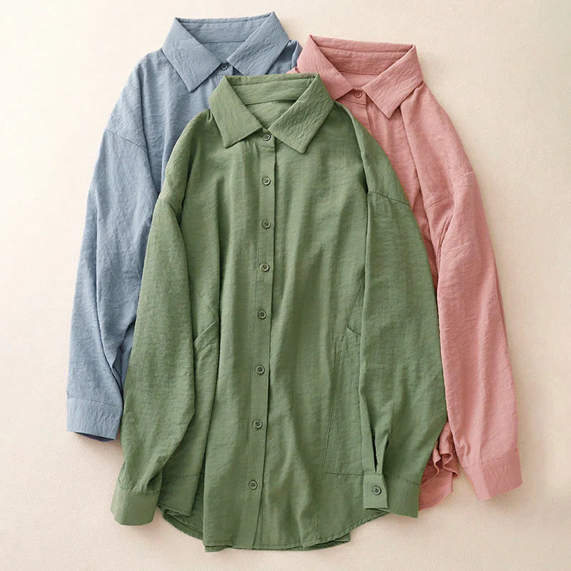 Buddha Stones Spring Fall Stand Collar Plain Long Sleeve Women's Cotton Polyester Shirt