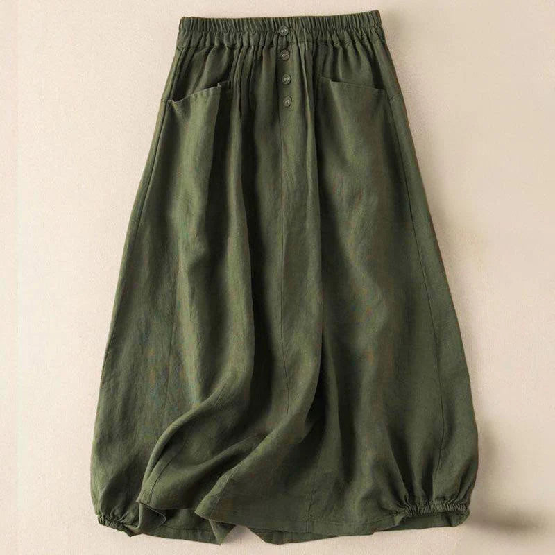 Buddha Stones Summer Solid Button Elastic Waist 7-8 Length Women's Skirt With Pockets