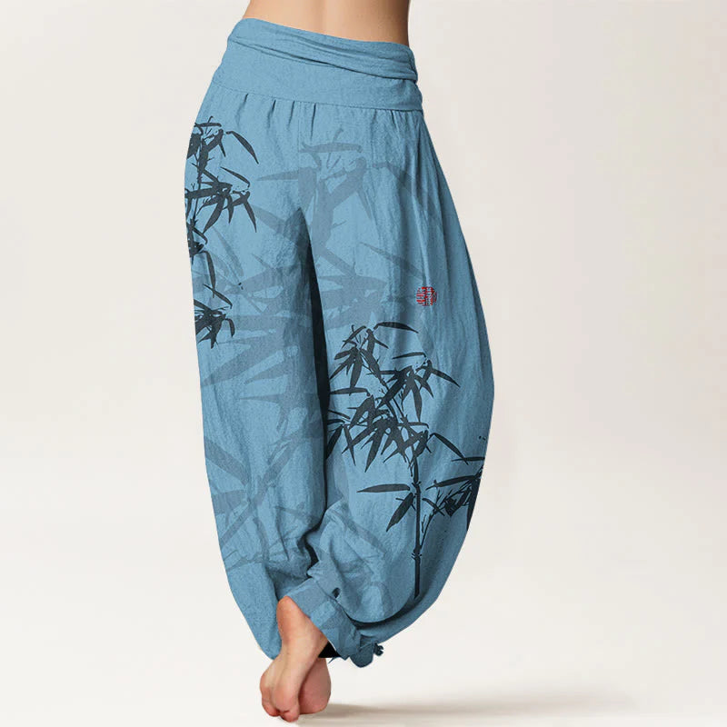 Buddha Stones Print Pure Cotton Bamboo Leaves Pattern Women's Elastic Waist Harem Pants
