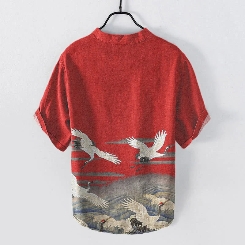 Buddha Stones Cotton Crane Waves Pattern Men's Short Sleeve Half Button Shirt