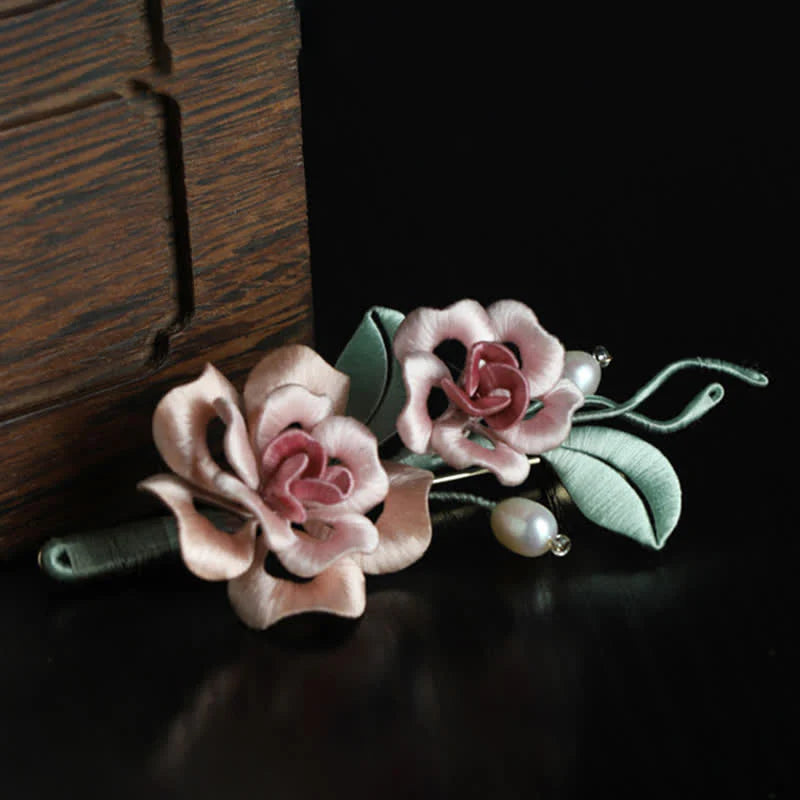 Buddha Stones Handcrafted Silk Art Twin Rose Flower Blessing Harmony Brooch
