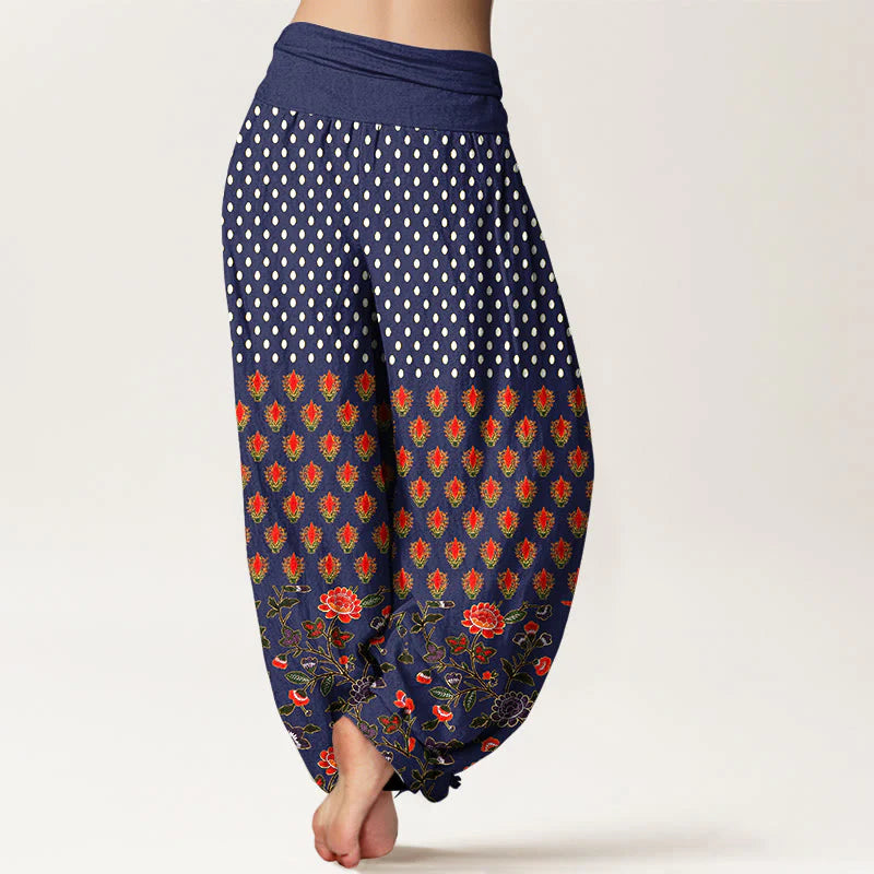 Buddha Stones Cotton Dots Red Purple Flower Pattern Women's Elastic Waist Harem Pants