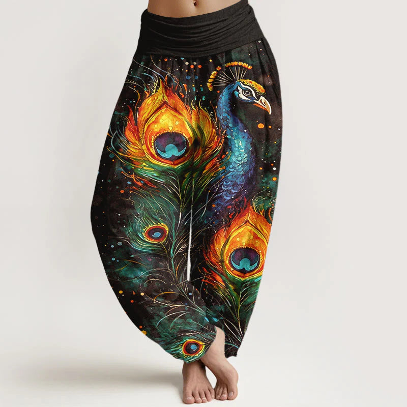 Buddha Stones Cotton Peacock Starry Sky Pattern Women's Elastic Waist Harem Pants