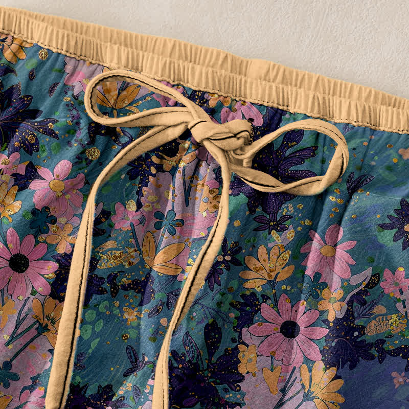 Buddha Stones Colorful Floral Print Pure Cotton Women's Elastic Waist Pants With Pockets