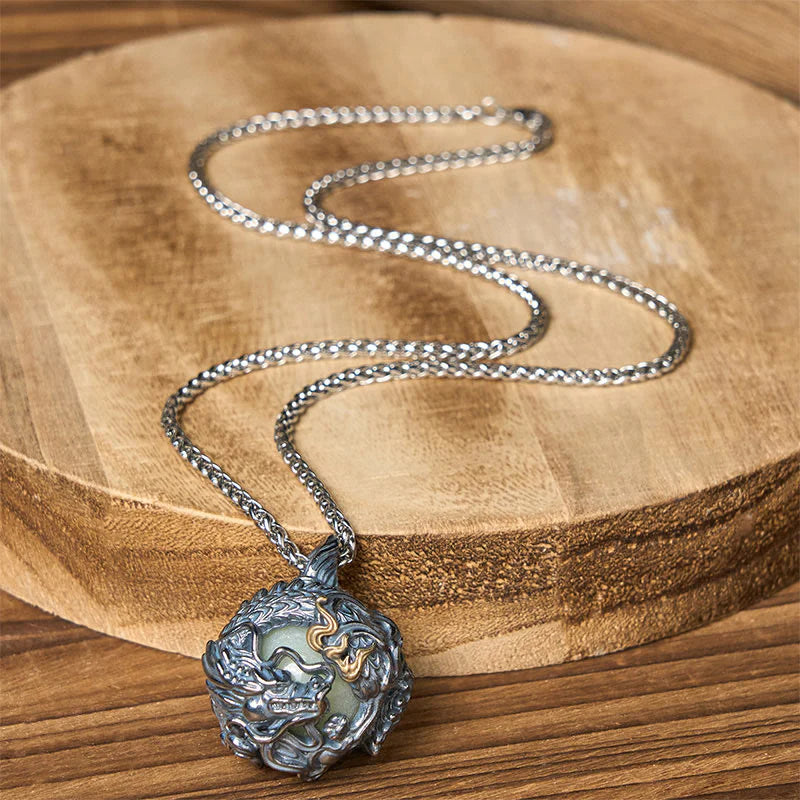 Buddha Stones Copper Dragon Surrounding Bead Strength Pendant Necklace