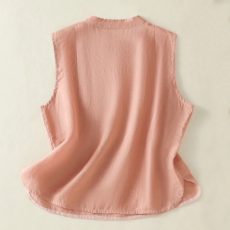 Buddha Stones Summer Retro Plain Frog-Button Stand Collar Women's Sleeveless Vest