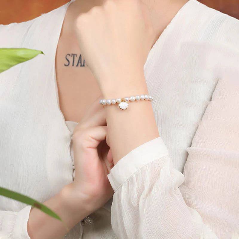 Buddha Stones 14K Gold Plated Natural Pearl Crystal Shell Charm Bead Bracelet