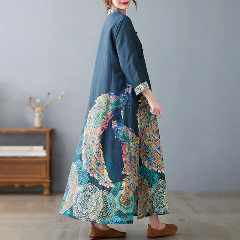 Buddha Stones Fall Colorful Peacocks Mandala Frog-Button Three Quarter Sleeve Cotton Women's Midi Dress