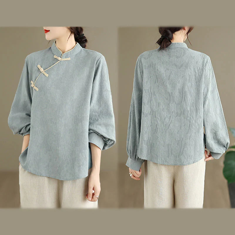 Buddha Stones Spring Traditional Floral Frog-Button Stand Collar Long Sleeve Women's Cotton Shirt