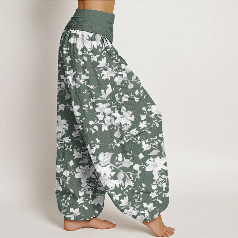 Buddha Stones Cotton Leaves Design Women's Elastic Waist Harem Pants