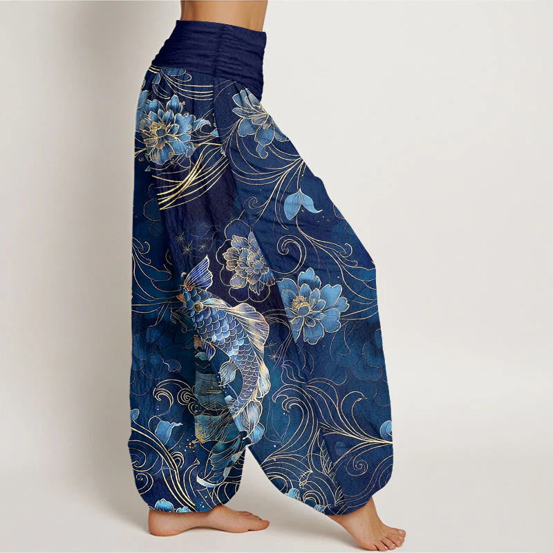 Buddha Stones Pure Cotton Dreamlike Koi Fish Peony Curve Pattern Women's Elastic Waist Harem Pants