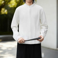 Buddha Stones Fall Solid Color White Men's Long Sleeve Cotton Linen Shirt Corduroy Kimono