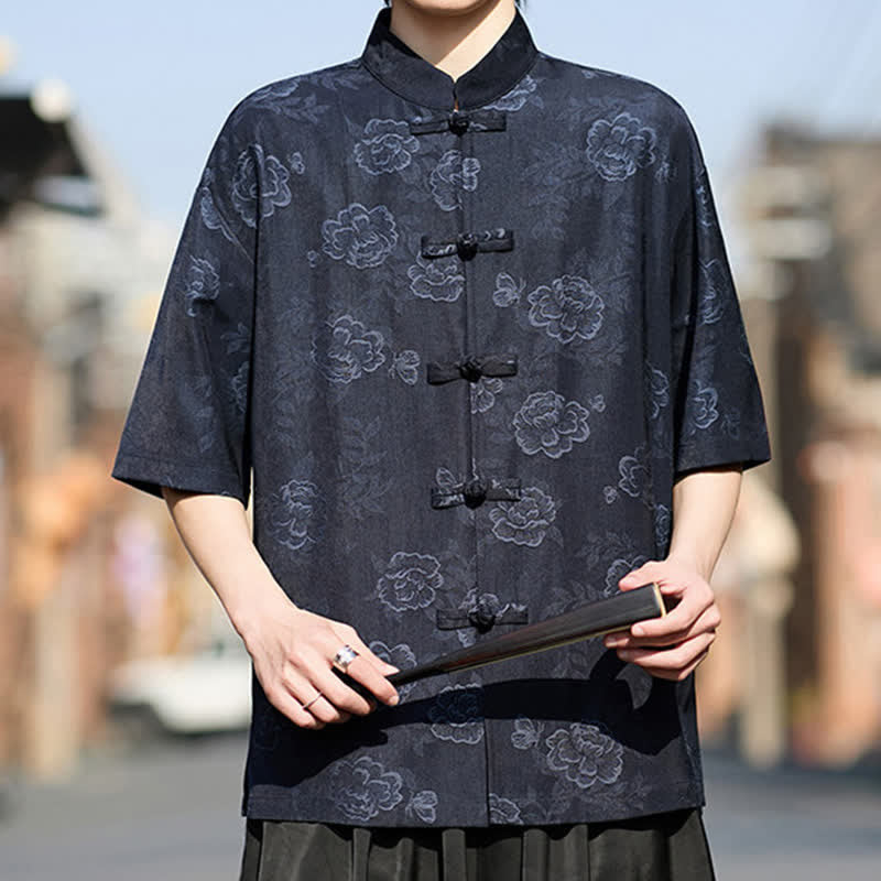Buddha Stones Retro Frog Buttons Mandarin Collar Floral Jacquard Men's Short Sleeve Shirt