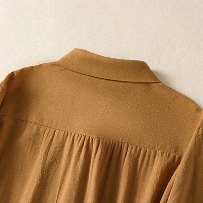 Buddha Stones Women's Spring Retro Plain Simple Embroidery Design Long Sleeve Cotton Shirt With Pocket
