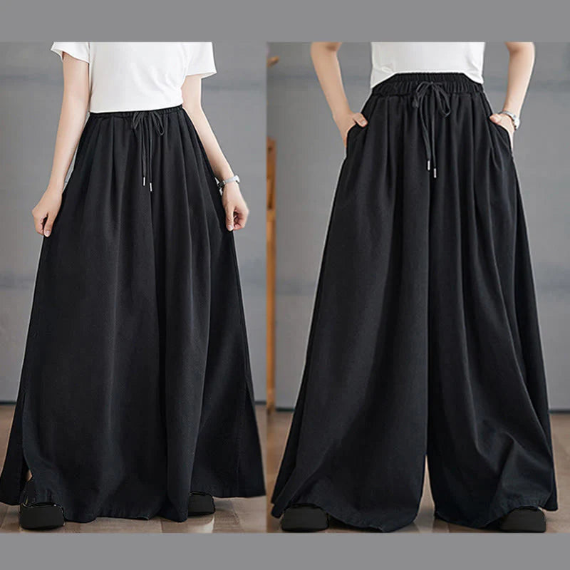 Buddha Stones Retro Leg Opening Slit Design Women's Wide Leg Pants With Pockets