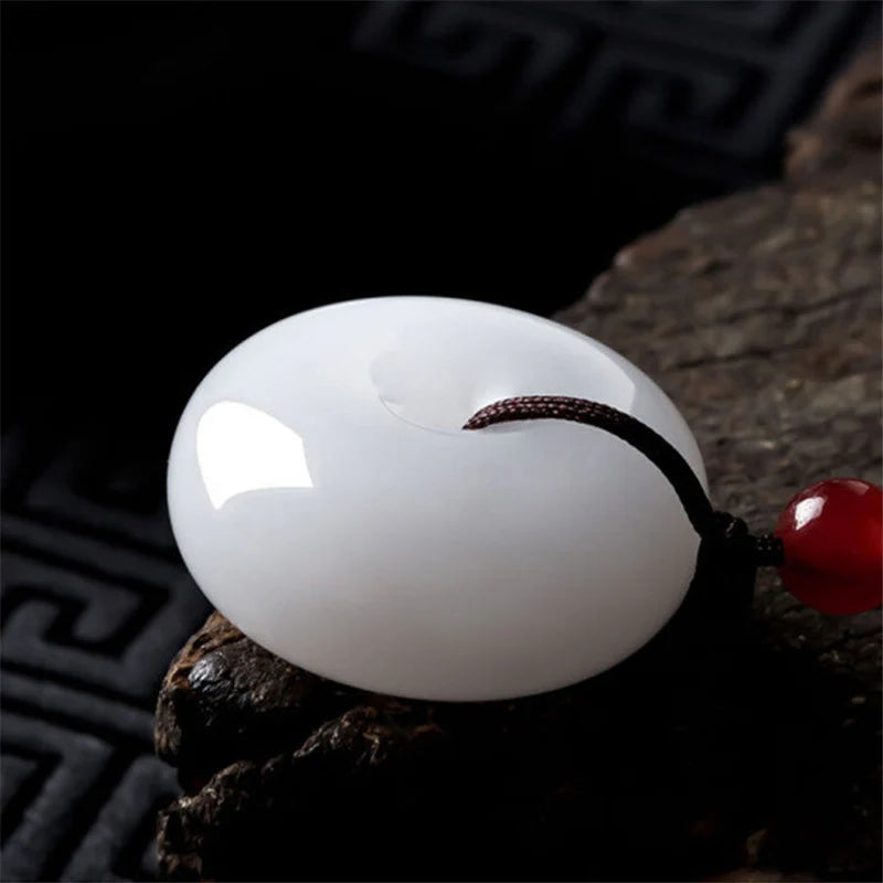 Buddha Stones Round Hetian White Jade Peace Buckle Blessing Necklace Pendant (Extra 30% Off | USE CODE: FS30)