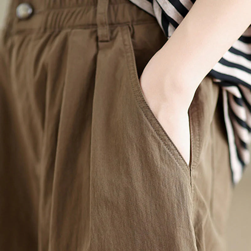 Buddha Stones Casual Solid Color One Top Button Elastic Waistband Women's Pants With Pockets