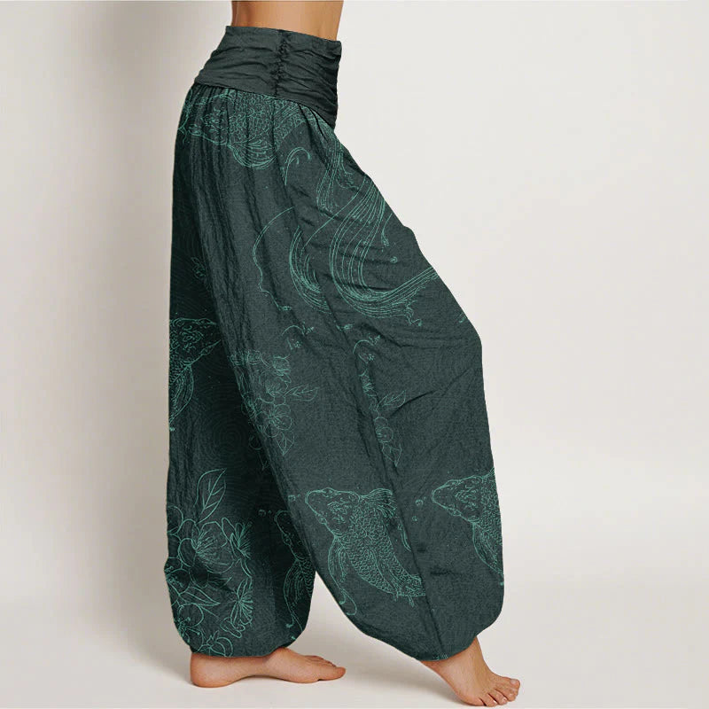 Buddha Stones Cotton Koi Fish Floral Pattern Women's Elastic Waist Harem Pants