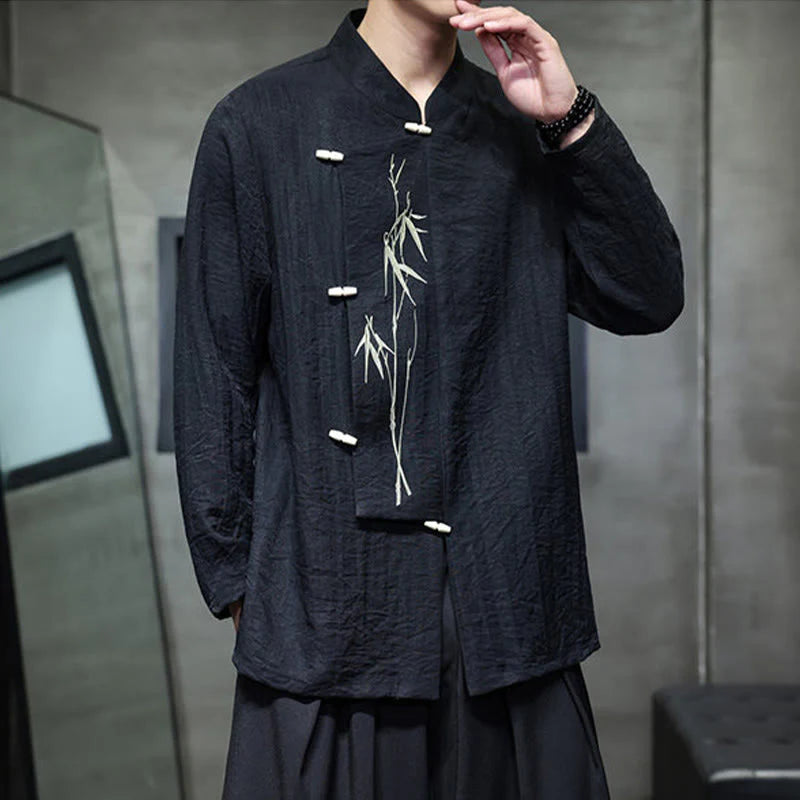 Buddha Stones Fall Solid Color Bamboo Leaf Embroidery Men's Long Sleeve Cotton Linen Shirt