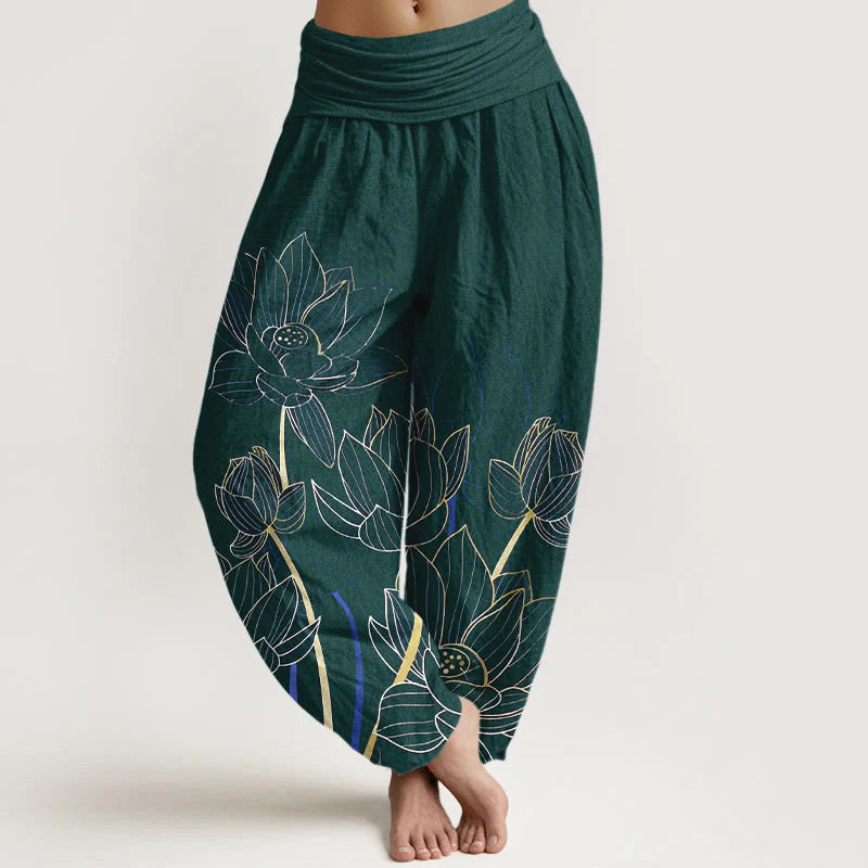 Buddha Stones Pure Cotton Minimalist Style Lotus Flower Pod Pattern Women's Elastic Waist Harem Pants