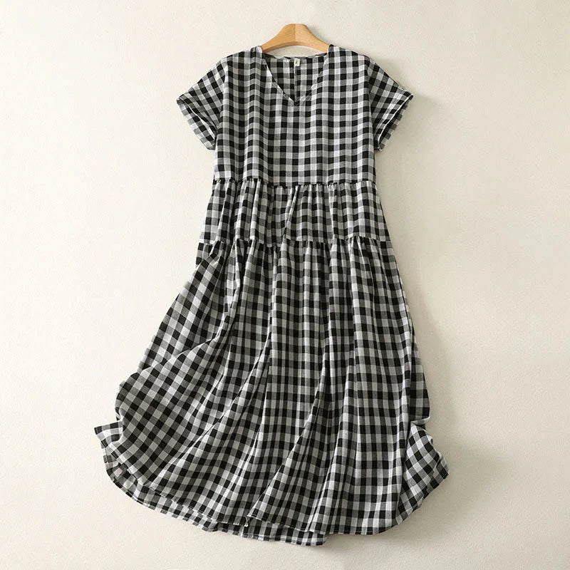 Buddha Stones Casual V-neck Short Sleeve Cotton Plaid Summer Midi Dress