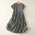 Buddha Stones Casual V-neck Short Sleeve Cotton Plaid Summer Midi Dress
