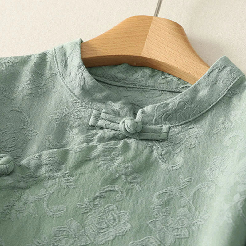 Buddha Stones Jacquard Diagonal Placket Long Sleeve Women's Cotton Linen Buttons Shirt
