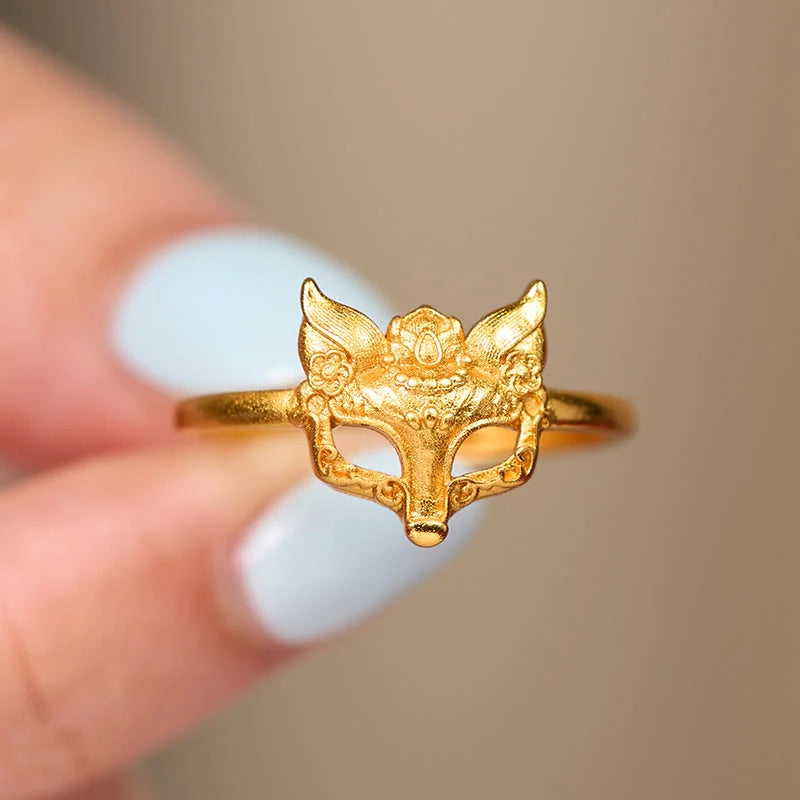 Buddha Stones Fox Mask 24k Gold Plated Brass Ring