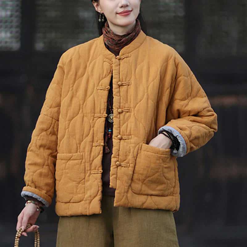 Buddha Stones Winter Curved Lines Frog-Button Ramie Cotton Long Sleeve Women's Thermal Jacket With Pockets