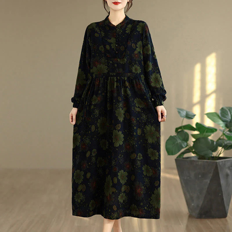 Buddha Stones Flower Pattern Long Sleeve Cotton Midi Dress With Pockets