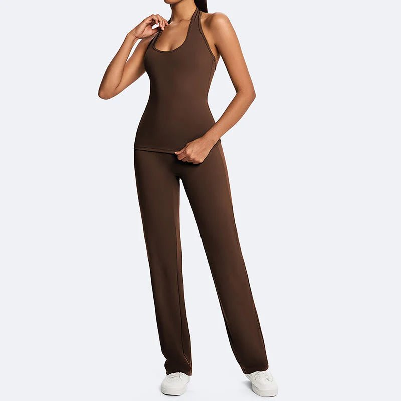 Buddha Stones Solid Crop Halter Backless Sleeveless Top Straight Leg Pants For Sports Fitness Yoga