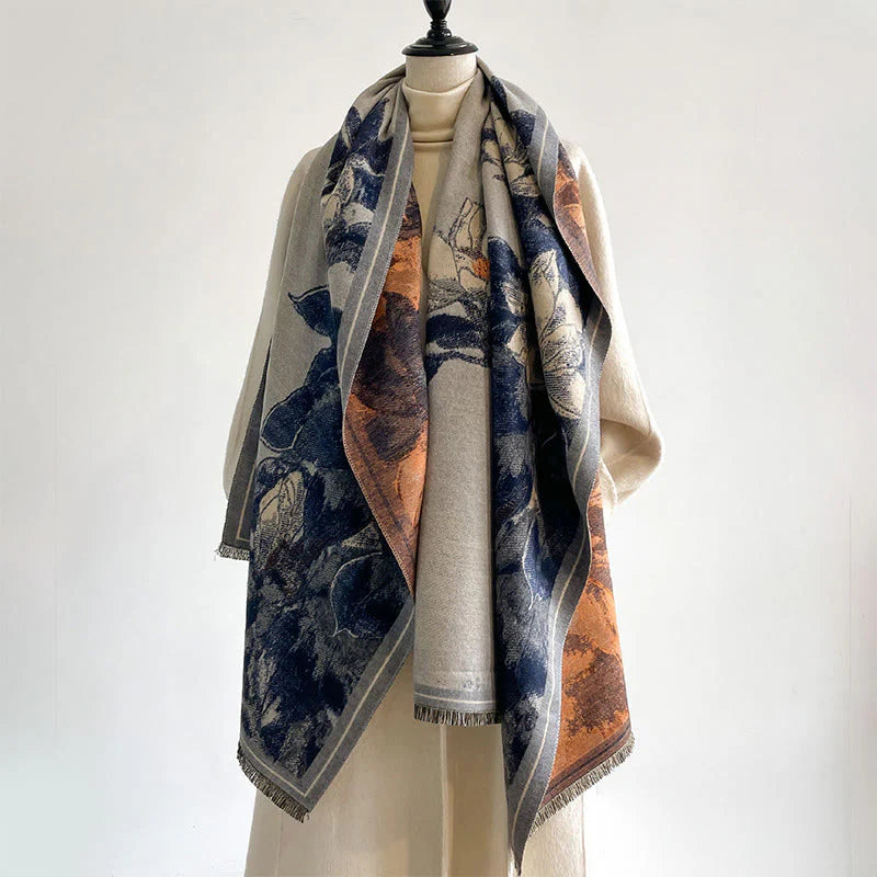 Buddha Stones Winter White Magnolia Flowers Little Bird Pattern Warm Cozy Scarf Shawl