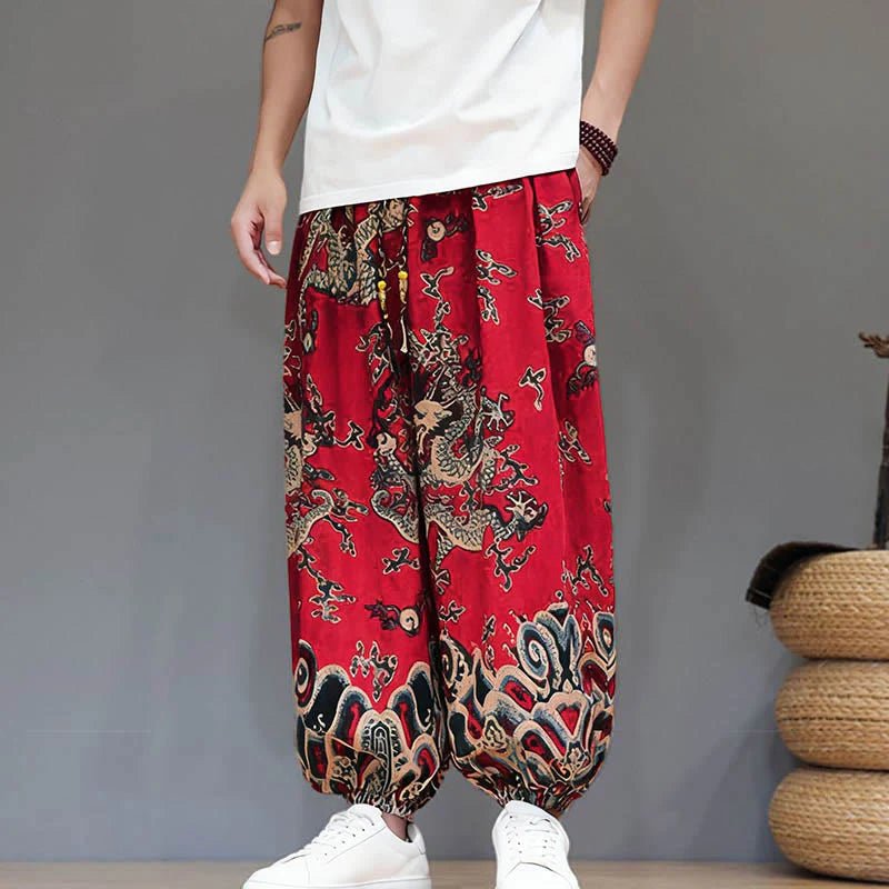 Buddha Stones Summer Dragon Drawstring Design Cotton Linen Men's Harem Pants With Pockets